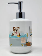 Load image into Gallery viewer, Brindle White English Bulldog in Bathtub Ceramic Soap Dispenser