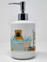 Load image into Gallery viewer, Red English Bulldog in Bathtub  Ceramic Soap Dispenser