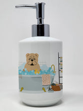 Load image into Gallery viewer, Fawn English Bulldog in Bathtub Ceramic Soap Dispenser