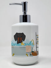 Load image into Gallery viewer, Black Tan Dachshund in Bathtub Ceramic Soap Dispenser