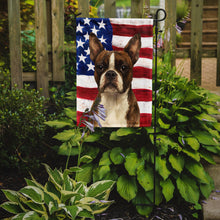 Load image into Gallery viewer, Brindle and White Boston Terrier American Flag Garden Flag