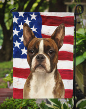 Load image into Gallery viewer, Brindle and White Boston Terrier American Flag Garden Flag