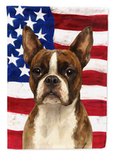 Load image into Gallery viewer, Brindle and White Boston Terrier American Flag Garden Flag