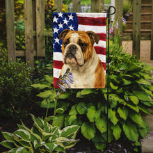 Load image into Gallery viewer, Brindle and White English Bulldog American Flag Garden Flag