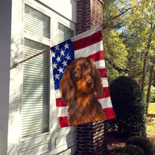 Load image into Gallery viewer, Longhaired Chocolate and Tan Dachshund American Flag House Flag