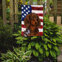 Load image into Gallery viewer, Longhaired Chocolate and Tan Dachshund American Flag Garden Flag