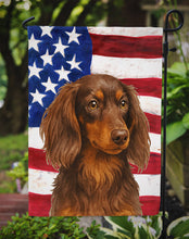 Load image into Gallery viewer, Longhaired Chocolate and Tan Dachshund American Flag Garden Flag