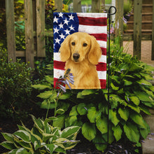 Load image into Gallery viewer, Longhaired Cream Dachshund American Flag Garden Flag