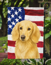 Load image into Gallery viewer, Longhaired Cream Dachshund American Flag Garden Flag