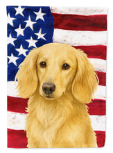 Load image into Gallery viewer, Longhaired Cream Dachshund American Flag Garden Flag
