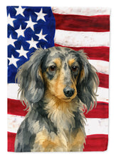 Load image into Gallery viewer, Longhaired Dapple Dachshund American Flag House Flag