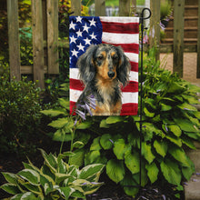 Load image into Gallery viewer, Longhaired Dapple Dachshund American Flag Garden Flag