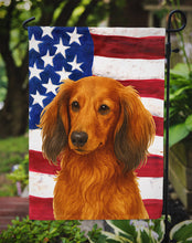 Load image into Gallery viewer, Longhaired Red Dachshund American Flag Garden Flag