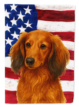 Load image into Gallery viewer, Longhaired Red Dachshund American Flag Garden Flag