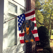 Load image into Gallery viewer, Black and Tan Dachshund American Flag House Flag