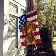 Load image into Gallery viewer, Chocolate and Tan Dachshund American Flag House Flag