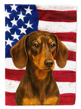Load image into Gallery viewer, Chocolate and Tan Dachshund American Flag House Flag