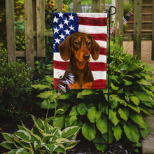 Load image into Gallery viewer, Chocolate and Tan Dachshund American Flag Garden Flag
