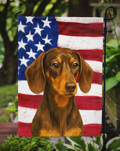 Load image into Gallery viewer, Chocolate and Tan Dachshund American Flag Garden Flag