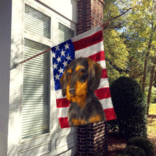 Load image into Gallery viewer, Wirehaired Black and Tan Dachshund American Flag House Flag