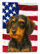 Load image into Gallery viewer, Wirehaired Black and Tan Dachshund American Flag Garden Flag