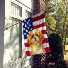 Load image into Gallery viewer, Gold and White Shih Tzu American Flag House Flag