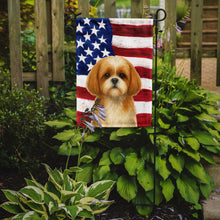 Load image into Gallery viewer, Gold and White Shih Tzu American Flag Garden Flag