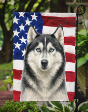Load image into Gallery viewer, Black and White Siberian Husky American Flag Garden Flag