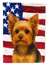 Load image into Gallery viewer, Black and Tan Yorkshire Terrier American Flag House Flag