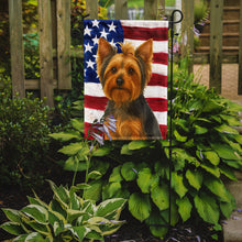 Load image into Gallery viewer, Blue and Tan Yorkshire Terrier American Flag Garden Flag