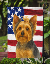 Load image into Gallery viewer, Blue and Tan Yorkshire Terrier American Flag Garden Flag
