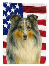 Load image into Gallery viewer, Blue Merle Sheltie American Flag Garden Flag