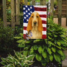 Load image into Gallery viewer, Lemon and White Basset Hound American Flag Garden Flag