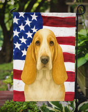 Load image into Gallery viewer, Lemon and White Basset Hound American Flag Garden Flag