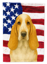 Load image into Gallery viewer, Lemon and White Basset Hound American Flag Garden Flag