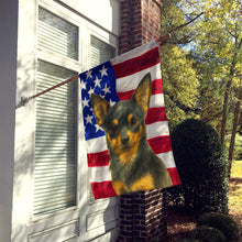 Load image into Gallery viewer, Black and Tan Chihuahua American Flag House Flag