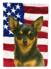Load image into Gallery viewer, Black and Tan Chihuahua American Flag House Flag