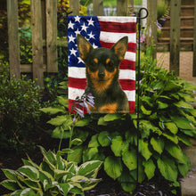 Load image into Gallery viewer, Black and Tan Chihuahua American Flag Garden Flag