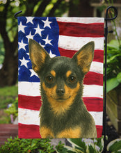 Load image into Gallery viewer, Black and Tan Chihuahua American Flag Garden Flag