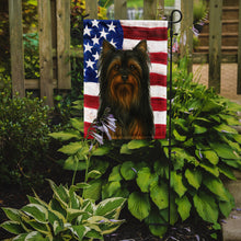 Load image into Gallery viewer, Black and Tan Longhaired Yorkshire Terrier American Flag Garden Flag
