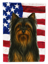 Load image into Gallery viewer, Black and Tan Longhaired Yorkshire Terrier American Flag Garden Flag