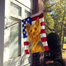 Load image into Gallery viewer, Blue and Tan Longhaired Yorkshire Terrier American Flag House Flag