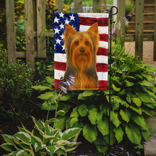 Load image into Gallery viewer, Blue and Tan Longhaired Yorkshire Terrier American Flag Garden Flag