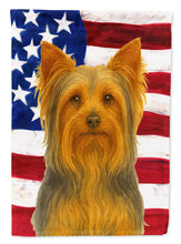 Load image into Gallery viewer, Blue and Tan Longhaired Yorkshire Terrier American Flag Garden Flag