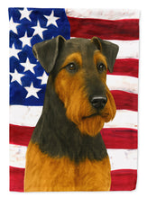 Load image into Gallery viewer, Black and Tan Airedale Terrier American Flag House Flag