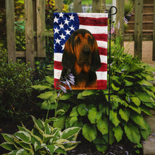 Load image into Gallery viewer, Black and Tan Bloodhound American Flag Garden Flag