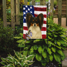 Load image into Gallery viewer, White with Black and Tan Papillon American Flag Garden Flag