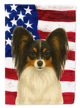 Load image into Gallery viewer, White with Black and Tan Papillon American Flag Garden Flag