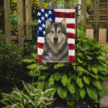 Load image into Gallery viewer, Gray and White Alaskan Malamute American Flag Garden Flag