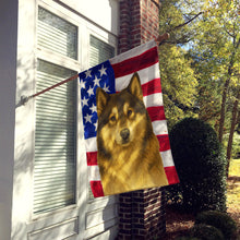 Load image into Gallery viewer, Sable and White Alaskan Malamute American Flag House Flag